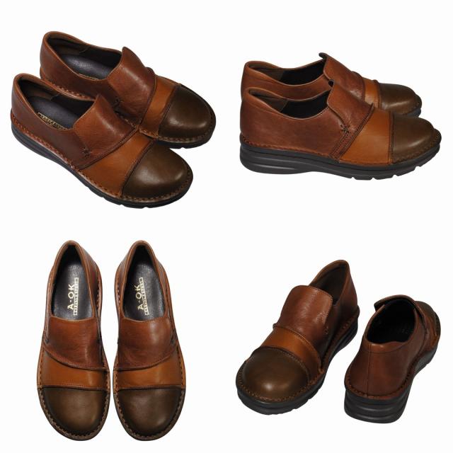 【靴のHOSHIKAWA】  『A-OK 3757』 エーオーケー スリッポン 22.5cm〜24.5cm EEEE レディース ブラウンC コンビカラー 幅が広い コンフォートシューズ 天然皮革 フラット底 日本製