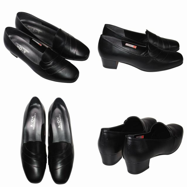 【靴のHOSHIKAWA】  『A-OK AA606』 22.5cm〜24.5cm EEE レディース パンプス ブラック ローヒール アーモンドトゥ フォーマル ビジネス 冠婚葬祭 日本製 本革 幅広