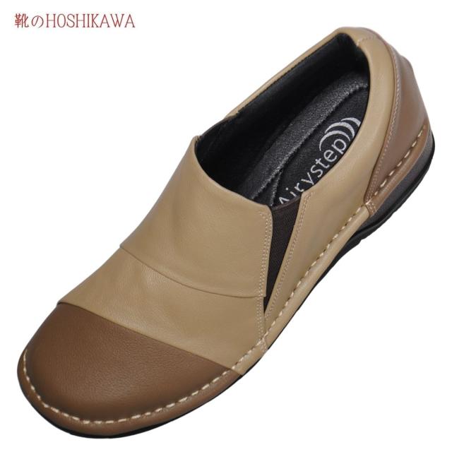 【靴のHOSHIKAWA】  『Airystep 4946』 エアリーステップ スリッポン 22cm〜24.5cm EEE ベージュ/キャメル レディース 天然皮革 フラット 幅広