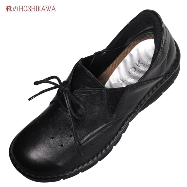 【靴のHOSHIKAWA】  『A-OK 3504』 エーオーケー スリッポン 22cm〜24.5cm EEEE ブラック カジュアル レディース ローヒール サイドゴア 牛革 幅広 国産