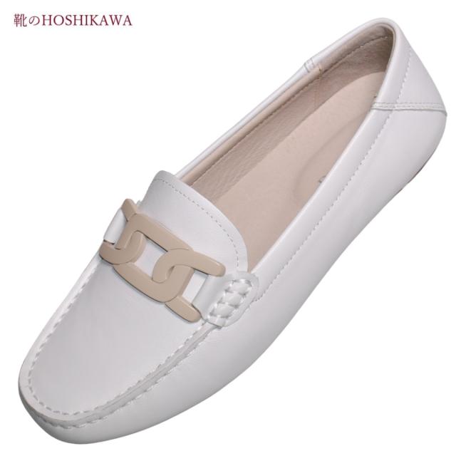 【靴のHOSHIKAWA】  『Dona Miss 10029-1』 21.5cm〜25cm レディース ドナミス ローファー エナメル ホワイト フラット スクエアトウ 低反発クッション 本革