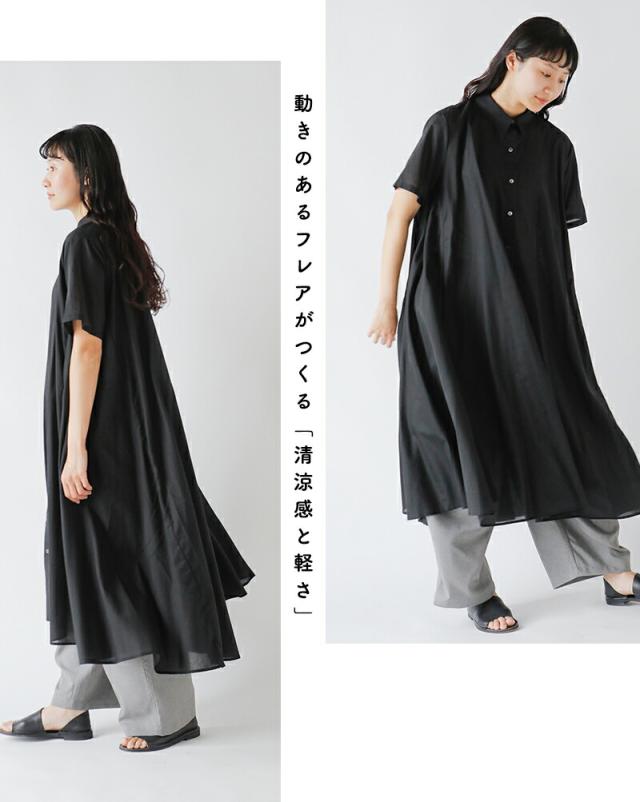 mizuiro-ind(ミズイロインド)60ローンコットンハーフスリーブフレアシャツワンピース2-250085