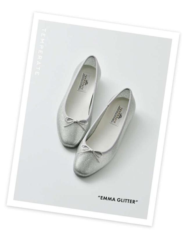 TEMPERATE(テンパレイト)低反発カップインソールグリッタースクエアトゥレインバレエシューズ“EMMAGLITTER”emma-glitter