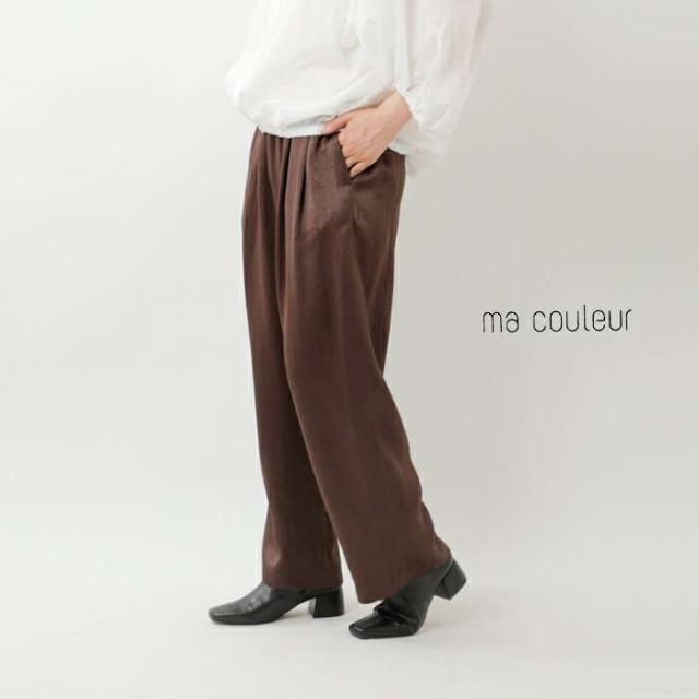 ma couleur(マ クルール)レザーライクサテンビンテージドロストタックパンツj-4642