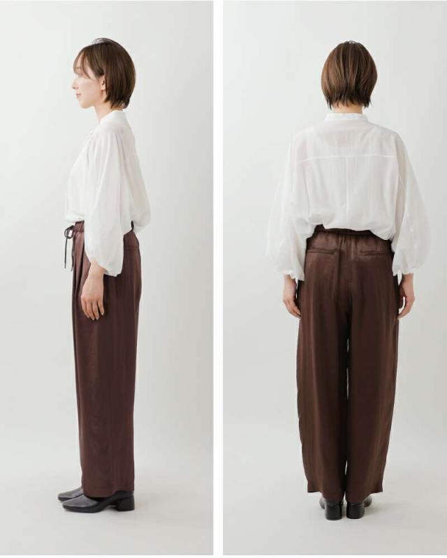 ma couleur(マ クルール)レザーライクサテンビンテージドロストタックパンツj-4642