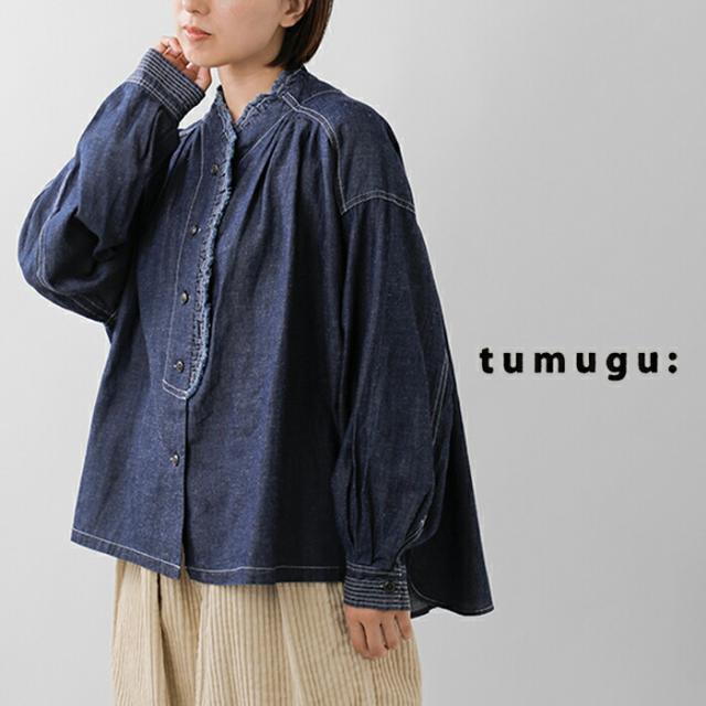 tumugu(ツムグ)4.5ozコットンリネンデニムフリルシャツtb25403