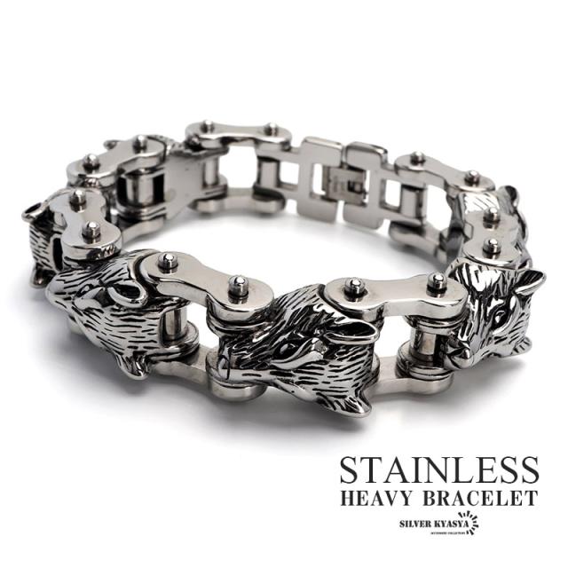 重厚 バイクチェーンブレスレット ウルフ メンズ ブレスレット 狼 ご