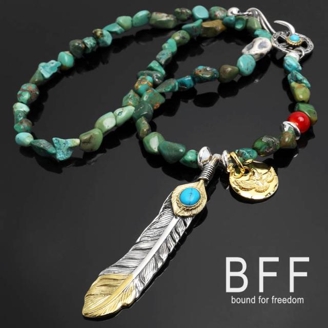 LEX着用 ターコイズ フェザー ネックレス メンズ 革 ブラウン シルバー