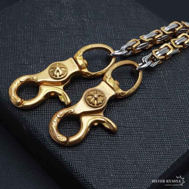 ✴︎GOLD✴︎ ウォレットチェーンダブルクリップ ダブルクロス フック ウォレットチェーン アンティークゴールド