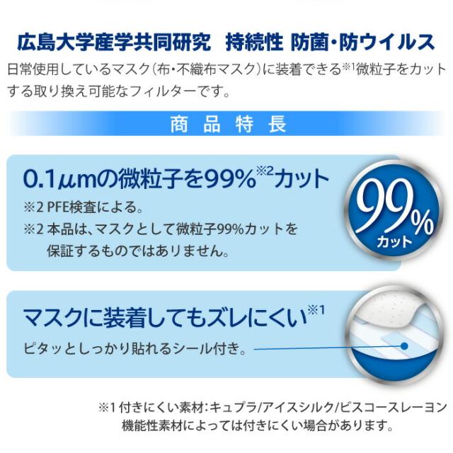 Etakマスクインナーフィルターは、日常使用しているマスク(布・不織布マスク)に装着できる微粒子をカットする取り換え可能なフィルターです