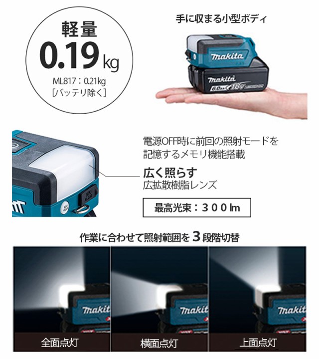 マキタ 充電式ワークライト 18V/14.4V＜ML817＞本体のみ (バッテリ・充電器 別売)の通販はau PAY マーケット - カイノス au  PAY マーケット店 | au PAY マーケット－通販サイト