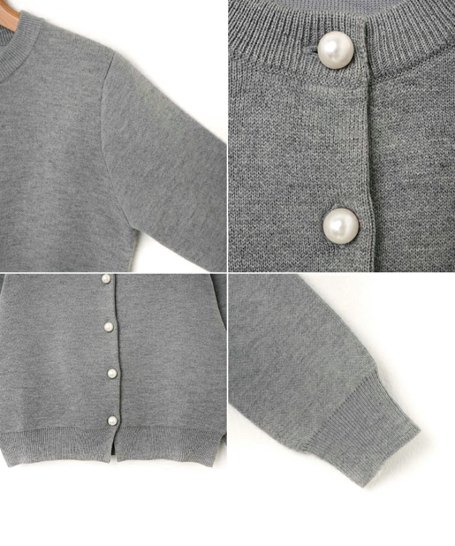 無地 ボーダー パールボタン 長袖 ニット カーディガン レディース トップス ニットトップス ニットカーデ カーデ ニット ニットコート ショート丈 ボリューム袖 パール アウター 羽織り オンオフ兼用 体型カバー きれいめ 上品 オフィス トレンド M L 春 夏 秋 冬 t02