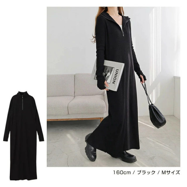 セルフカット リブ 指穴 サムホール 長袖 ワンピース スポーティ スカート タイトワンピ タイトスカート ポケット 伸縮性 伸びる ハーフジップ レディース ゆったり カジュアル かわいい 楽ちん 春 秋 通勤 通学 学生 韓国 韓国ファッション 無地 シンプル 定番 t02