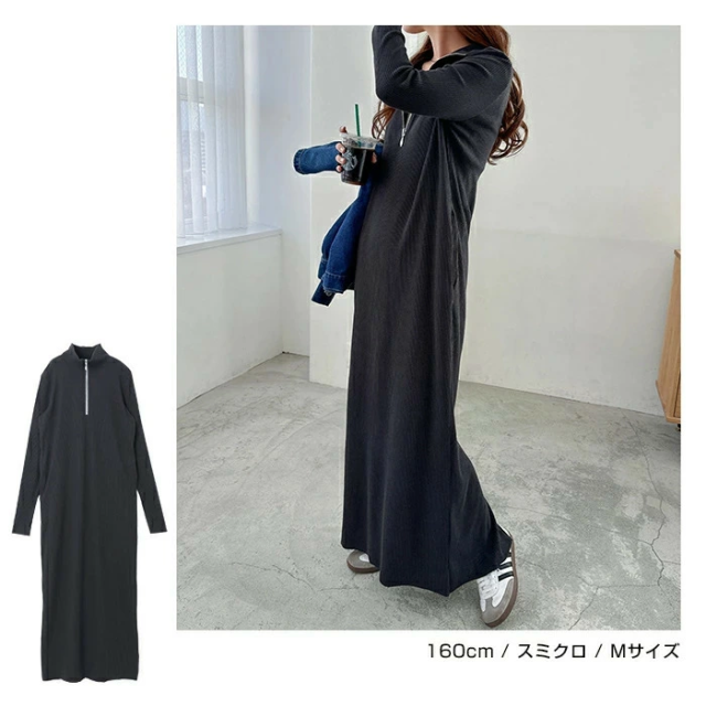 セルフカット リブ 指穴 サムホール 長袖 ワンピース スポーティ スカート タイトワンピ タイトスカート ポケット 伸縮性 伸びる ハーフジップ レディース ゆったり カジュアル かわいい 楽ちん 春 秋 通勤 通学 学生 韓国 韓国ファッション 無地 シンプル 定番 t02