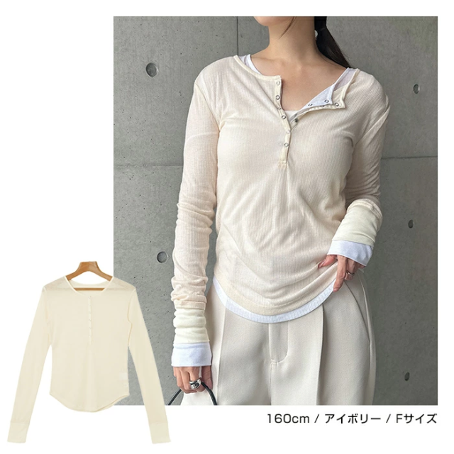 ヘンリーネック シアー トップス レディース 長袖トップス カットソー プルオーバー ロングtシャツ リブトップス 体型カバー 長袖 リブ スナップボタン 長袖tシャツ tシャツ ロンt 無地t シアー トップス 楽ちん リラックス カジュアル シンプル 春夏 秋冬 春 夏 秋 冬 t03
