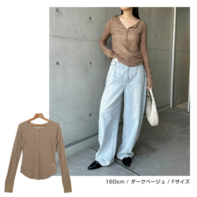 ヘンリーネック シアー トップス レディース 長袖トップス カットソー プルオーバー ロングtシャツ リブトップス 体型カバー 長袖 リブ スナップボタン 長袖tシャツ tシャツ ロンt 無地t シアー トップス 楽ちん リラックス カジュアル シンプル 春夏 秋冬 春 夏 秋 冬 t03