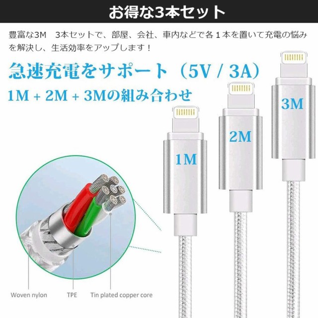 3本セット 1m+2m+3m】 iPhone 充電ケーブル 急速充電 ライトニング USBケーブル データ転送 Lightning ケーブル  ナイロン編み 高耐久性の通販はau PAY マーケット - netspeeddirect