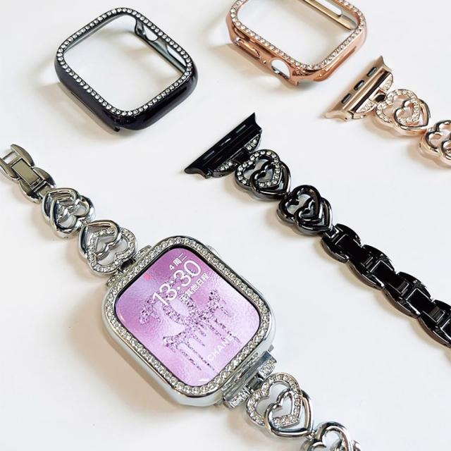 アップルウォッチ バンド 9 8 7 6 5 4 3 SE 女性 レディース キラキラ ハート かわいい ステンレス チェーン 細い Apple Watch 45mm 41mm 40mm 44mm 38mm series9 series8 series7 SE2 軽い 軽量 女の子 スターライトゴールド おしゃれ 可愛い AppleWatch スリム ピンク 15