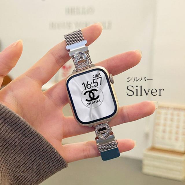AppleWatch 9 8 7 バンド キラキラ レディース スリム おしゃれ 可愛い 40mm 41mm 44mm 45mm ミラネーゼ マグネット ステンレス series 9 8 7 6 5 4 se se2 チェーン ライトストーン 細め 軽い 磁石 送料無料 15
