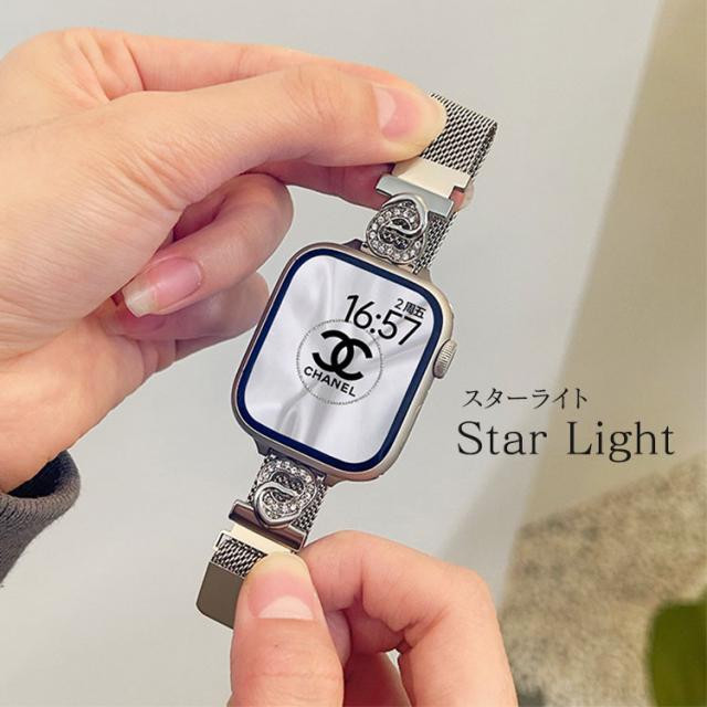 AppleWatch 9 8 7 バンド キラキラ レディース スリム おしゃれ 可愛い 40mm 41mm 44mm 45mm ミラネーゼ マグネット ステンレス series 9 8 7 6 5 4 se se2 チェーン ライトストーン 細め 軽い 磁石 送料無料 16