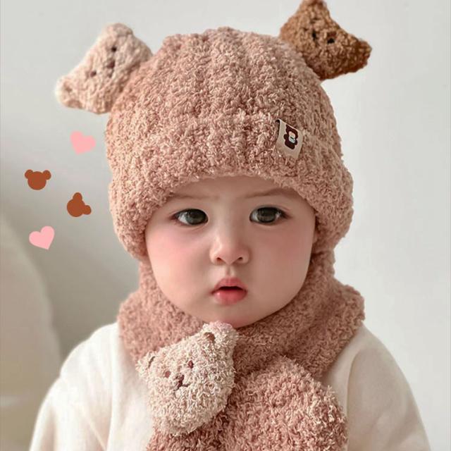 子ども ニット帽 耳付き マフラー 2点セット くまさん くま耳 秋 冬 子供 くま 耳 ベビー用品 男女兼用 キッズ ニットキャップ  かわいい おしゃれ 防寒グッズ 子供服 こども 男の子 女の子 子供用 赤ちゃん 帽子 出産祝い クリスマス 送料無料 2