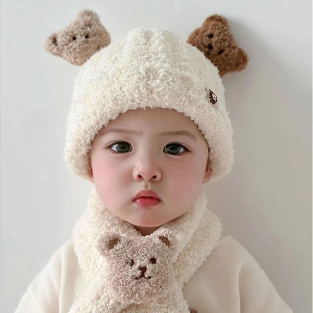 子ども ニット帽 耳付き マフラー 2点セット くまさん くま耳 秋 冬 子供 くま 耳 ベビー用品 男女兼用 キッズ ニットキャップ  かわいい おしゃれ 防寒グッズ 子供服 こども 男の子 女の子 子供用 赤ちゃん 帽子 出産祝い クリスマス 送料無料 11
