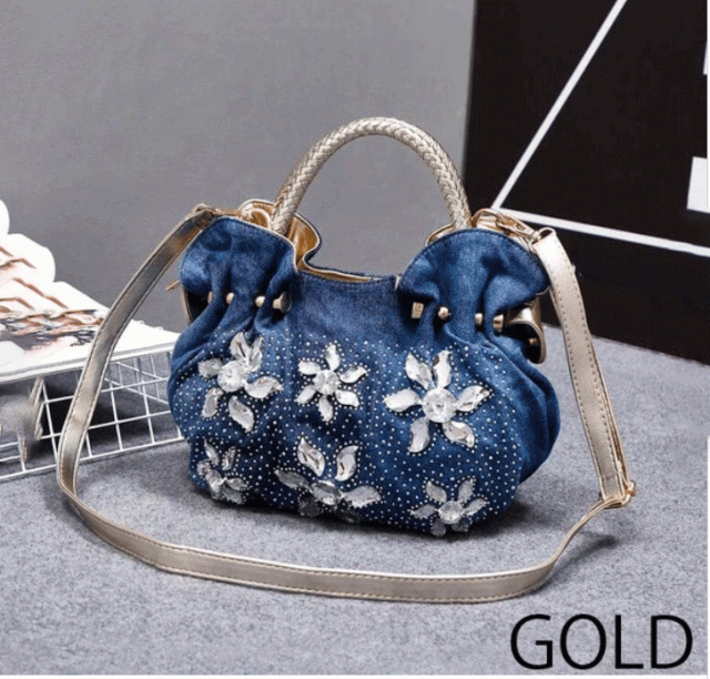 ビジュー2wayトートバッグ　キラキラ　デニム　ビジュー　花柄　トートバッグ　手提げバッグ　斜め掛け　お出かけ　旅行　通勤　20代30代40代 ビジュー2wayトートバッグ キラキラ デニム ビジュー 花柄 トート