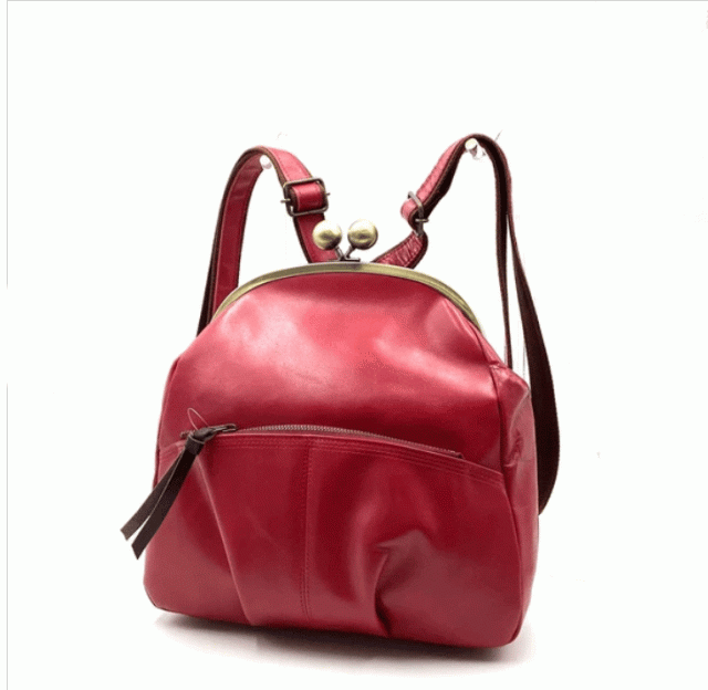 日本製　本革　レザーリュック　がま口リュック　丸い　ころん　無段階調整ベルト　カラフル　ファスナーポケット付き　カジュアル　通勤　通学　旅行　20代30代40代　リュックサック 日本製 本革 レザーリュック がま口リュック 丸い ころん 無段階調整