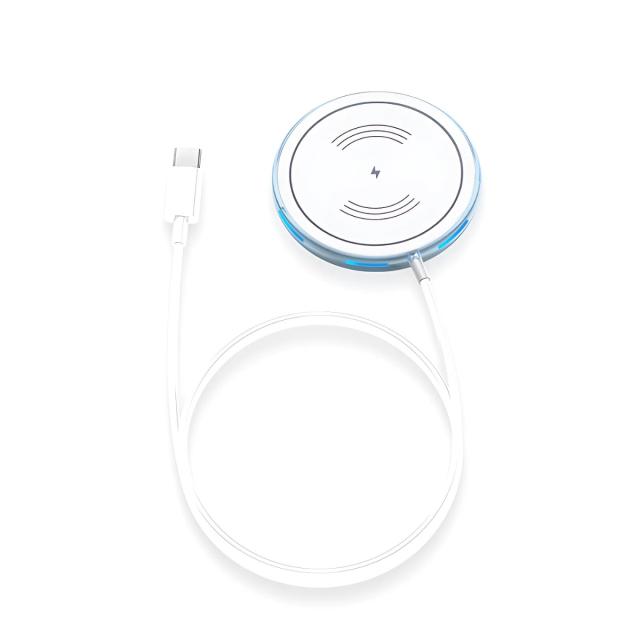 急速充電 ワイヤレス充電器 Magsafe 15W LEDライト搭載 ケース対応 マグネット吸着 薄型デザイン 軽量 安全設計 過熱防止 過電圧保護 スリムデザイン 持ち運び便利