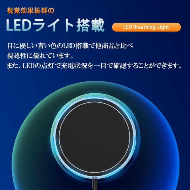 急速充電 ワイヤレス充電器 Magsafe対応 15W出力 iPhone充電器 LEDライト搭載 薄型 軽量デザイン ケース対応 マグネット吸着 安全充電 過熱保護 過電圧保護 置くだけ充電 スマホアクセサリー