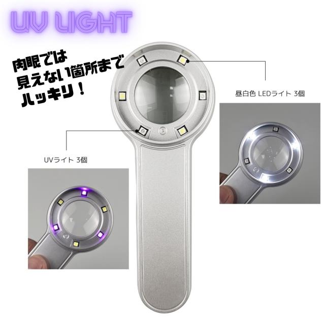 検査用ルーペ 紫外線 紙幣チェック 宝石鑑定 美術品観察 LEDライト 手持ち拡大鏡 省エネ設計