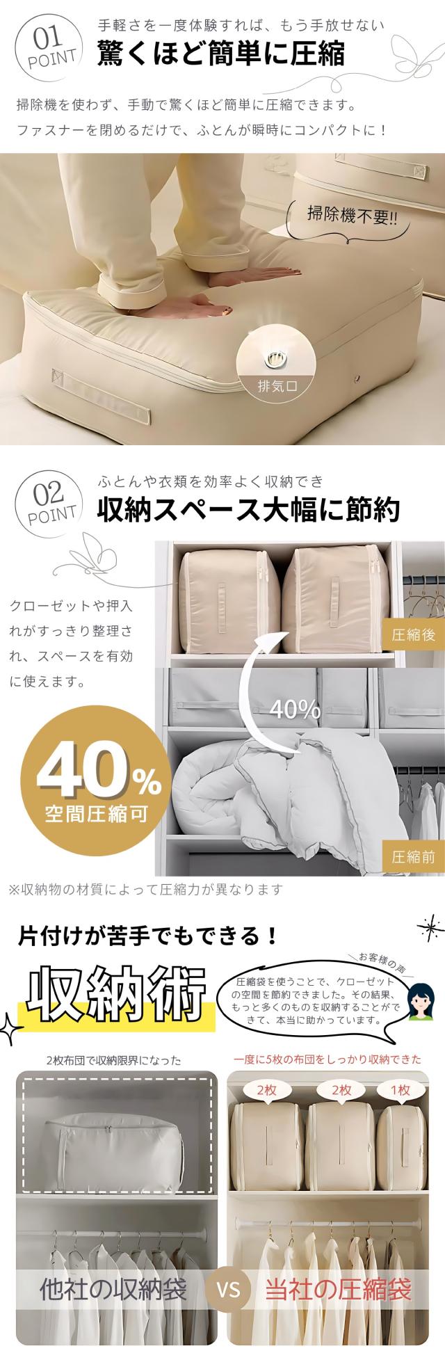 圧縮袋 掃除機不要 手軽に収納 ふかふか感キープ 長期間保存 高密度ファスナー 使いやすい 高耐久性 再利用可能