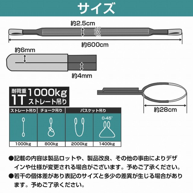 1t / 6m / 2本セット】ナイロンスリングベルト 耐荷 1トン 長さ6M×幅