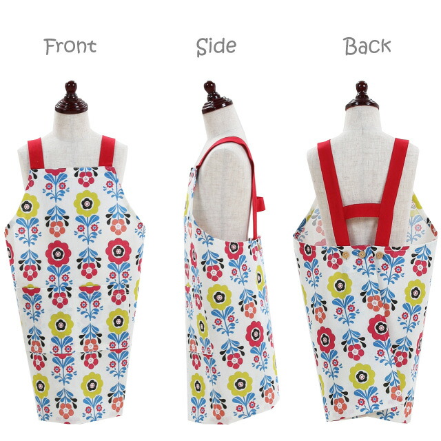 北欧テイストのかわいい柄のキッズエプロンの前横後ろ