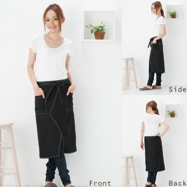 麻（リネン）100％のシンプルロング丈カフェエプロンの前後ろ横