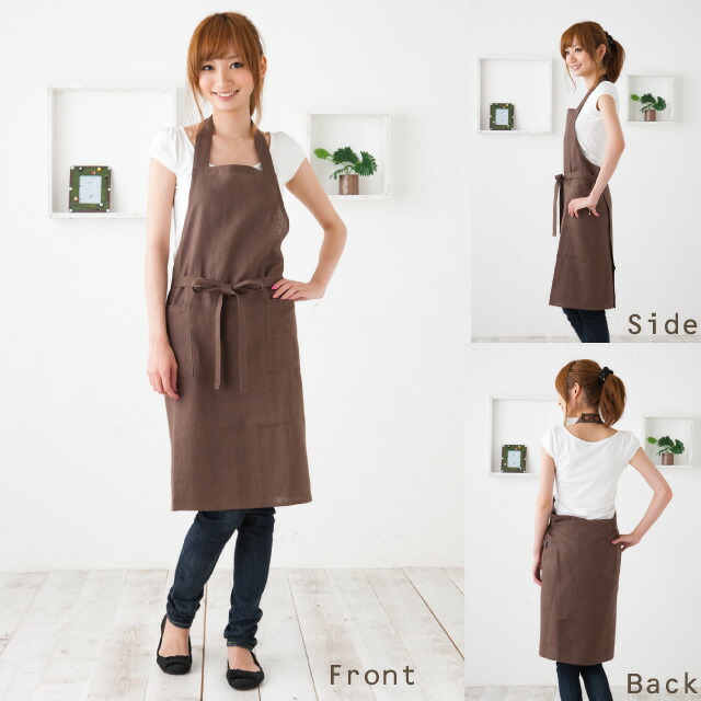 リネン素材のシンプルなホルターネックエプロンの前後ろ横