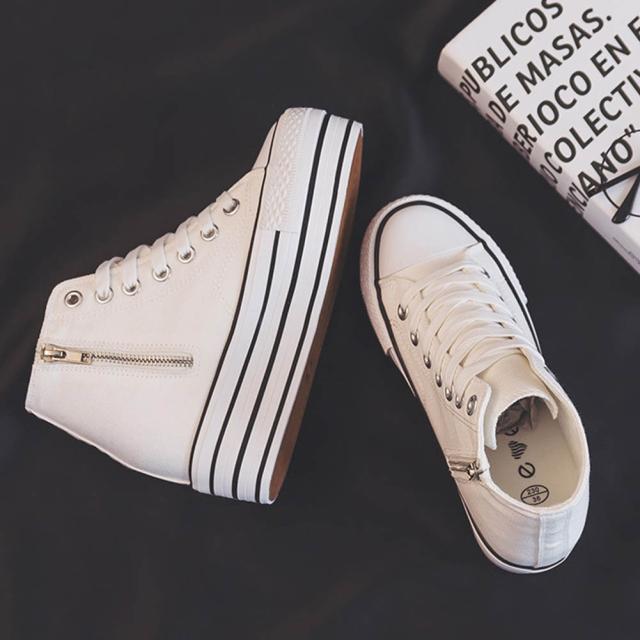 シークレットシューズ スニーカー キャンバス レディース ハイカット サイドジッパー カジュアルシューズ 9.5CM 身長アップ インヒール内蔵のため 厚底 歩きやすい おしゃれ靴 春 秋 通勤 通学