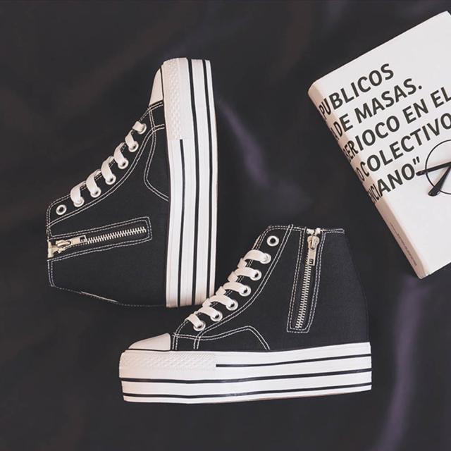 シークレットシューズ スニーカー キャンバス レディース ハイカット サイドジッパー カジュアルシューズ 9.5CM 身長アップ インヒール内蔵のため 厚底 歩きやすい おしゃれ靴 春 秋 通勤 通学