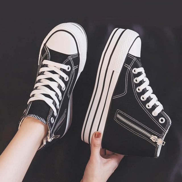 シークレットシューズ スニーカー キャンバス レディース ハイカット サイドジッパー カジュアルシューズ 9.5CM 身長アップ インヒール内蔵のため 厚底 歩きやすい おしゃれ靴 春 秋 通勤 通学