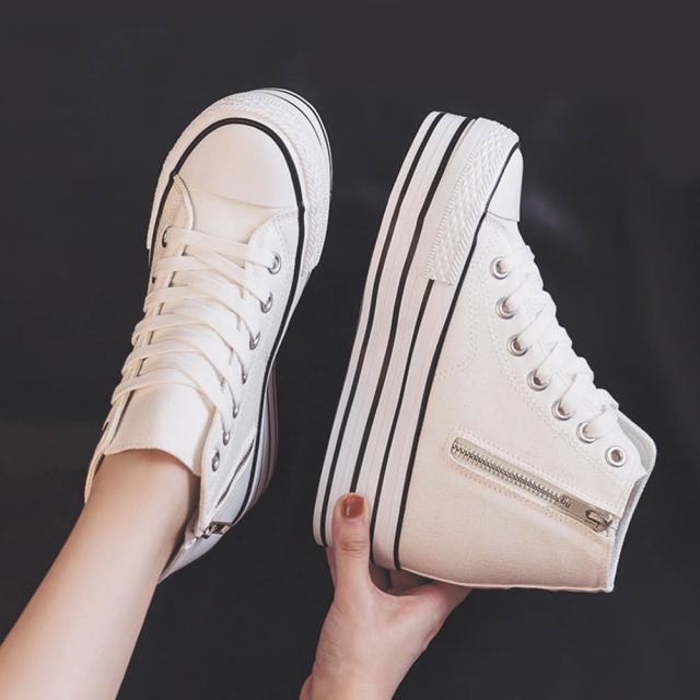 シークレットシューズ スニーカー キャンバス レディース ハイカット サイドジッパー カジュアルシューズ 9.5CM 身長アップ インヒール内蔵のため 厚底 歩きやすい おしゃれ靴 春 秋 通勤 通学