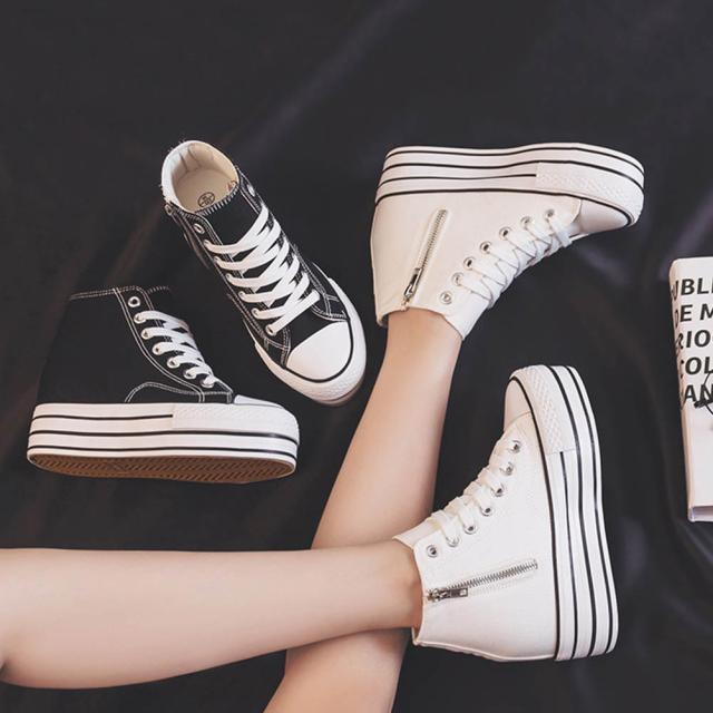 シークレットシューズ スニーカー キャンバス レディース ハイカット サイドジッパー カジュアルシューズ 9.5CM 身長アップ インヒール内蔵のため 厚底 歩きやすい おしゃれ靴 春 秋 通勤 通学