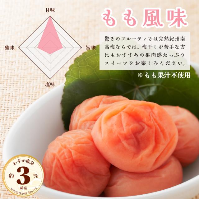 わずか塩分3％。減塩。もも風味。驚きのフルーティさは完熟紀州南高梅ならでは。