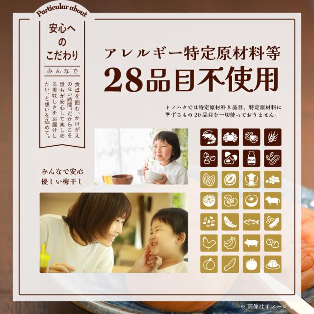 アレルギー特定原材料等28品目不使用。トノハタでは特定原材料8品目、特定原材料に準ずるもの20品目は一切使っておりません。