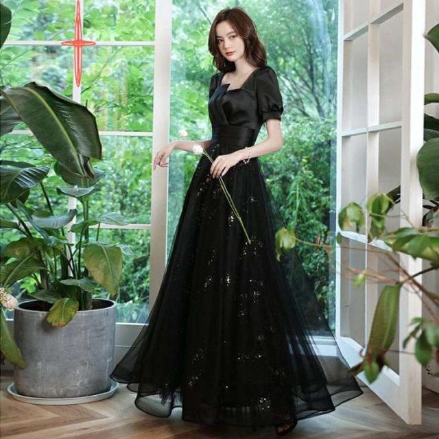 プバーンイブニングドレスロングドレスフランスの軽い高級ニッチドレス年次総会のホストブラック プバーンイブニングドレスロングドレスフランスの軽い高級ニッチドレス