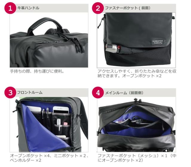 牛革ハンドル。前面ファスナーポケット。フロントルーム。メインルーム（前面側）