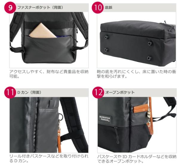 ファスナーポケット（背面）。底鋲。Dカン（背面）。オープンポケット。