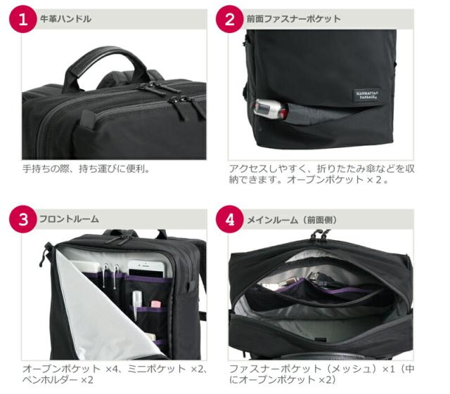 牛革ハンドル。前面ファスナーポケット。フロントルーム。メインルーム(前面側)。