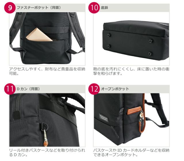 ファスナーポケット(背面)。底鋲。Dカン(背面)。オープンポケット。