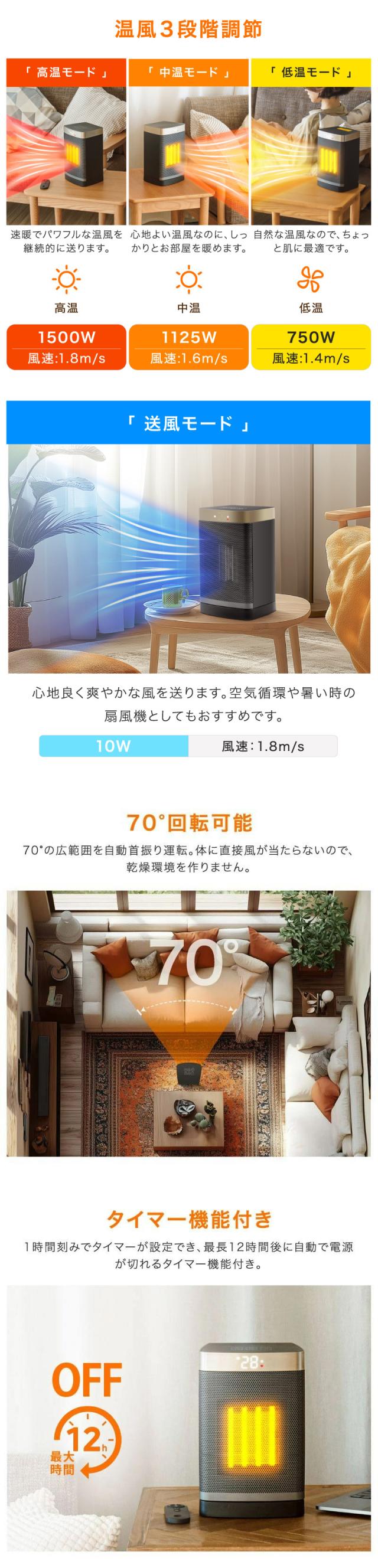 セラミックヒーター 電気ストーブ 小型 1500W/1125w/750w 暖房器具