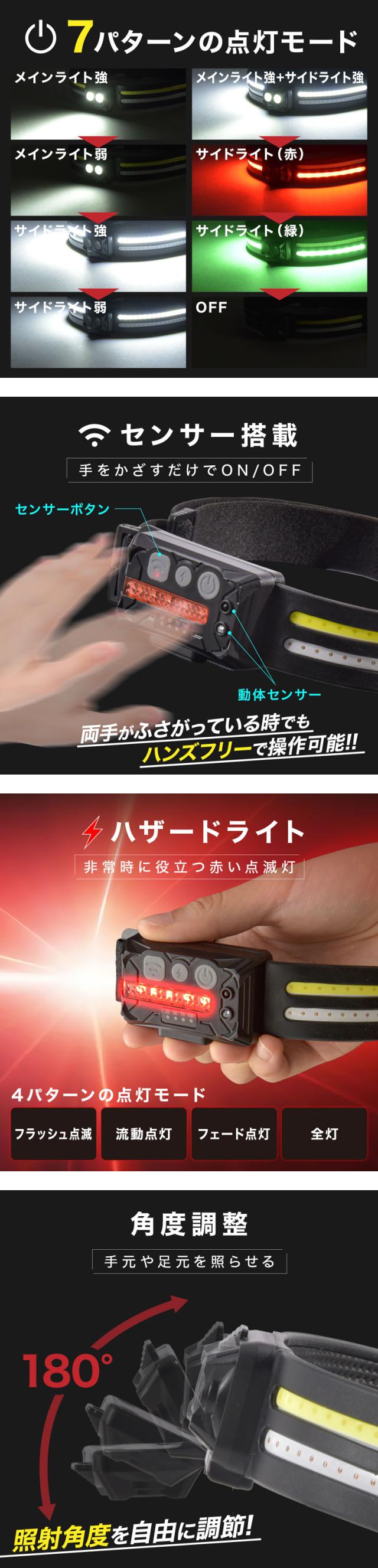 ヘッドライト 充電式 LED  センサー点灯 LEDヘッドライト